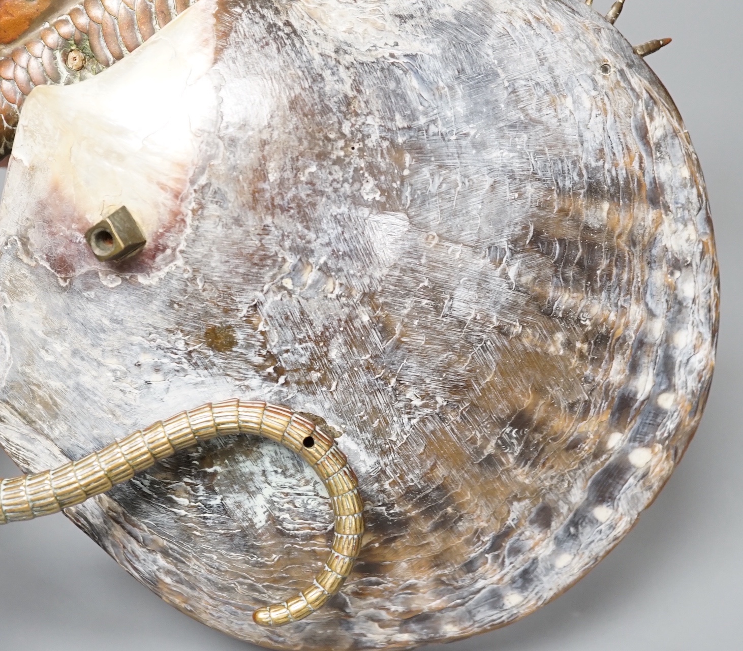A late 19th century Japanese bronze 'lizard' and mother of pearl dish, 26cm